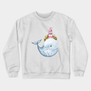 Watercolor whale with lighthouse painting Crewneck Sweatshirt